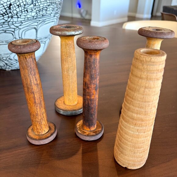 5 Vintage Industrial Wooden Textile Mill Spools Bobbins 7" Antique - Picture 4 of 8